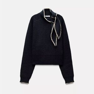 Zara Navy Turtleneck Sweater with Cream Accents